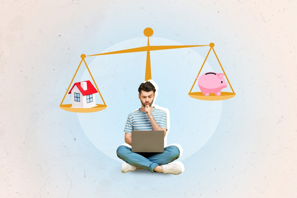 Ilustracija: mladenič tehta stroške kredita in prihranke